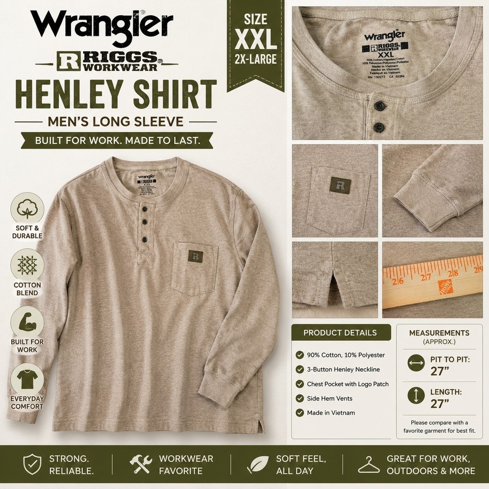 Wrangler Riggs Workwear Henley Shirt Men's XXL Beige Long Sleeve Pocket Logo...